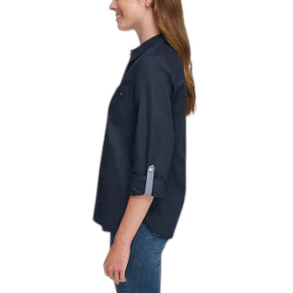 NEW Tommy Hilfiger Roll-Tab Button Up Shirt | Navy - Picture 2 of 9